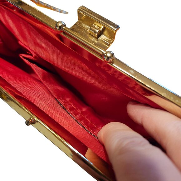 Vintage 90s Jessica McClintock Red Satin Clutch Purse with Metal Chain Strap - Picture 5 of 8